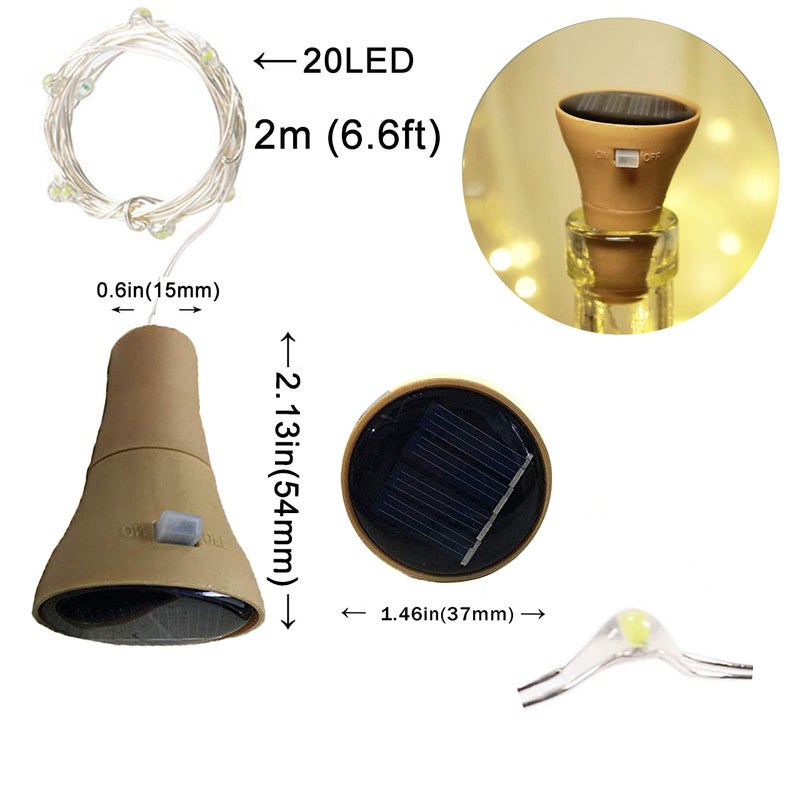 NiniTe LIGHTS 6 عبوات من أضواء زجاجات النبيذ بالطاقة الشمسية، 20 مصباح LED مقاوم للماء مع سدادات نحاسية للأعراس، عيد الميلاد، الهواء الطلق، العطلات، الحديقة، الفناء، ديكور الممر (أبيض دافئ) - Image 2